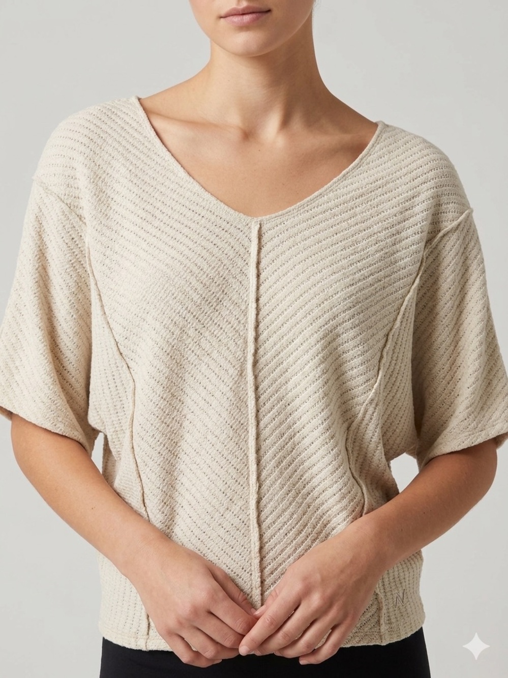 BKE Cream Textured V-Neck Short-Sleeve Sweater